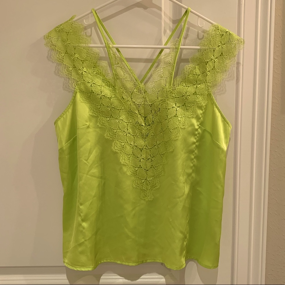 Guess Lace Trim Satin Camisole Top - Lime Green